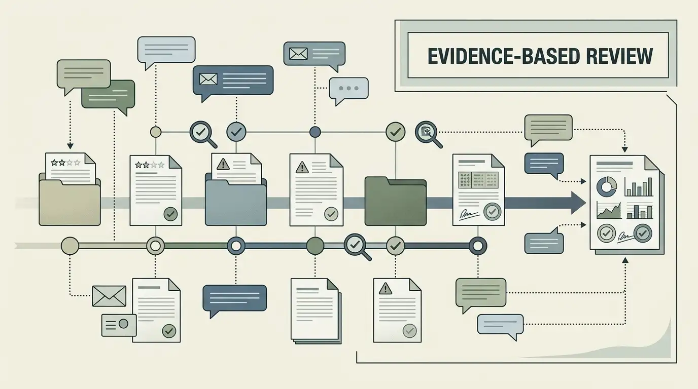 Abstract editorial illustration representing complaint review and regulatory records