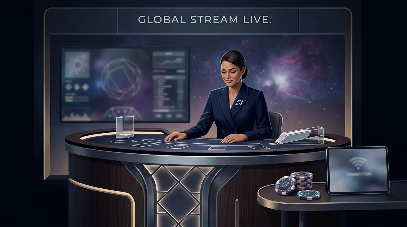 Abstract live casino table scene for the Cosmic Spins live casino guide